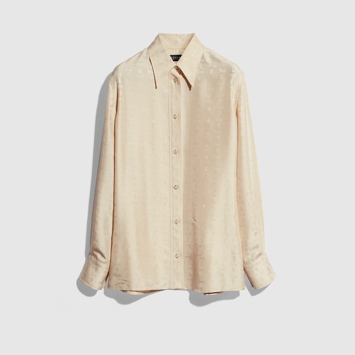Gucci crest silk habotai jacquard shirt in light beige | GUCCI® US