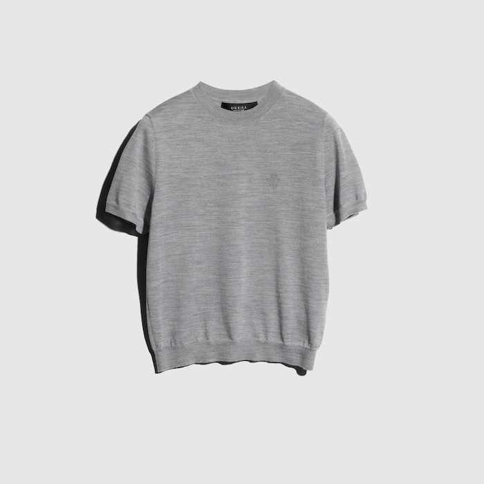 Silk wool T-shirt with embroidery in light grey | GUCCI® SI