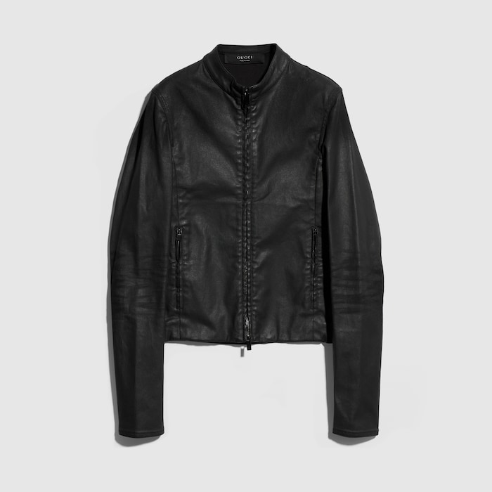 Coated stretch cotton twill denim jacket in black | GUCCI® US