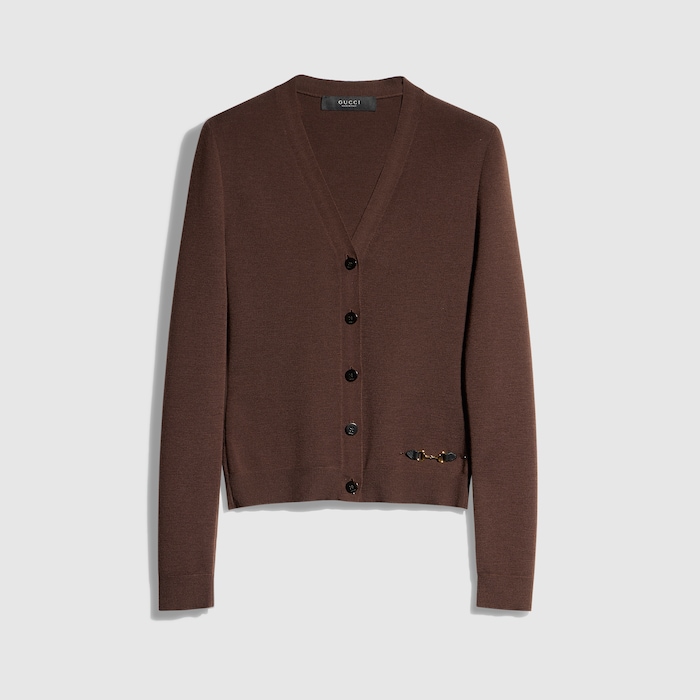 Fine rib knit wool cardigan with Horsebit in dark brown | GUCCI® TR