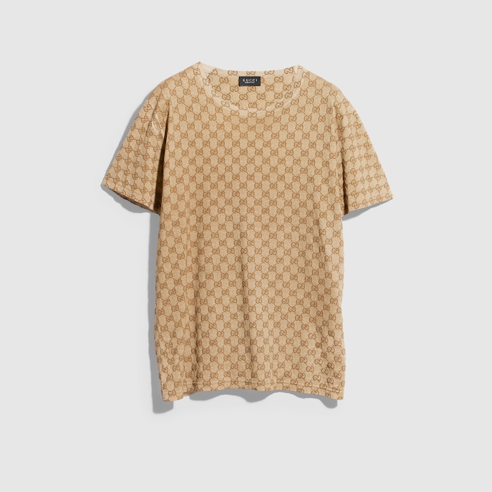 Printed cotton jersey T-shirt in beige and brown | GUCCI® SI