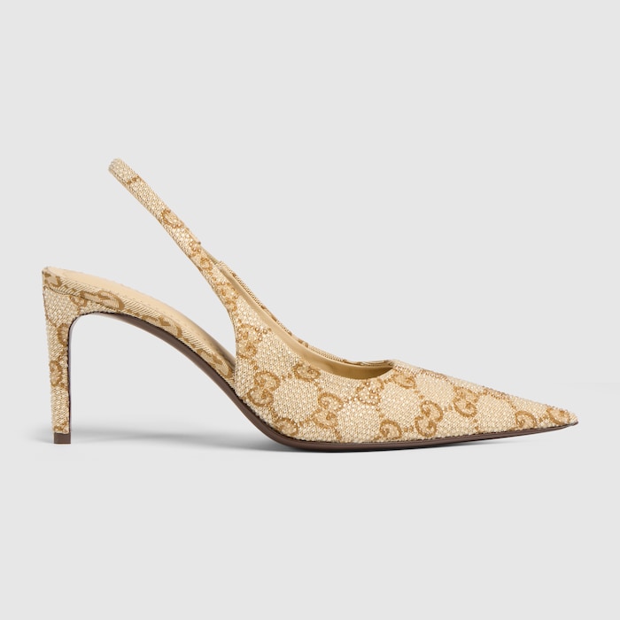 Women's Donna crystal slingback pump in sand and brown GG canvas