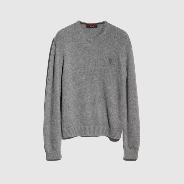 Knit cashmere sweater with embroidery in grey | GUCCI® US