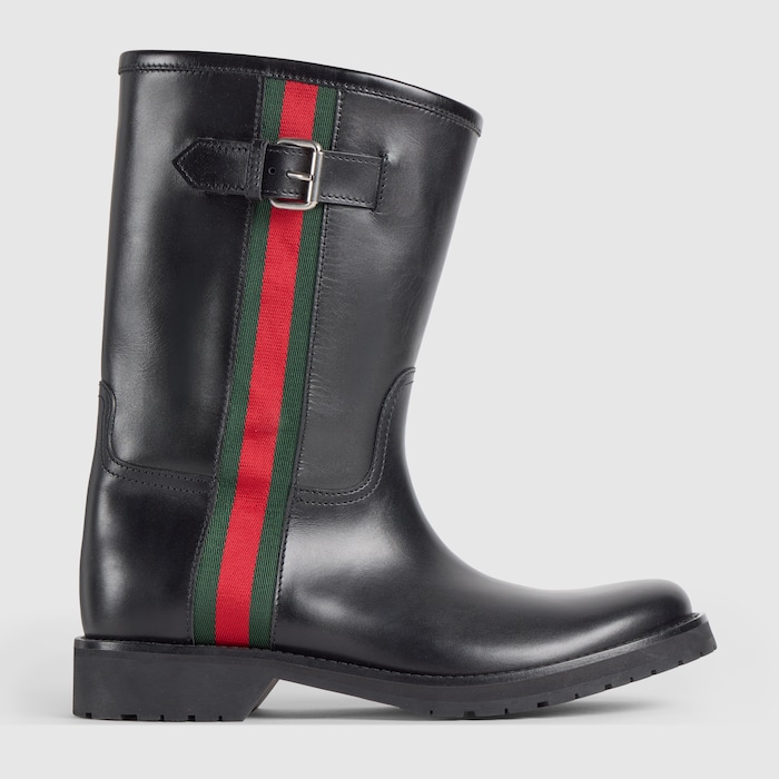 Men's boot with Web in black leather | GUCCI® US