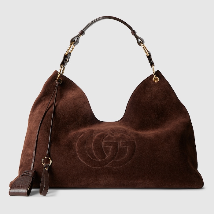 グッチ GUCCI レザー スエード ショルダーバッグ サドルバッグ ブラウン ダブルG ディテール付き ラージ ショルダーバッグ ・ダークブラウン