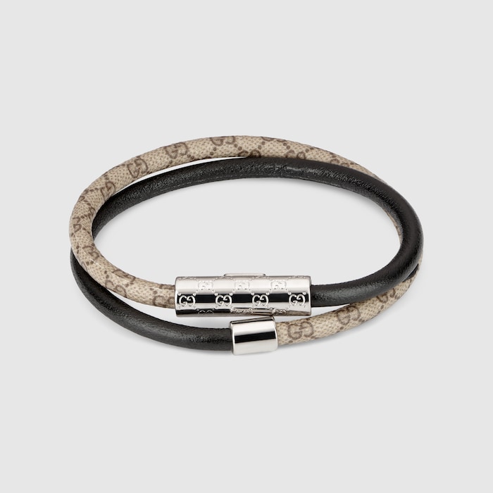 Double bracelet with GG detail in black leather | GUCCI® US