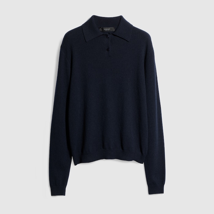 Knit cashmere sweater with embroidery in navy | GUCCI® US