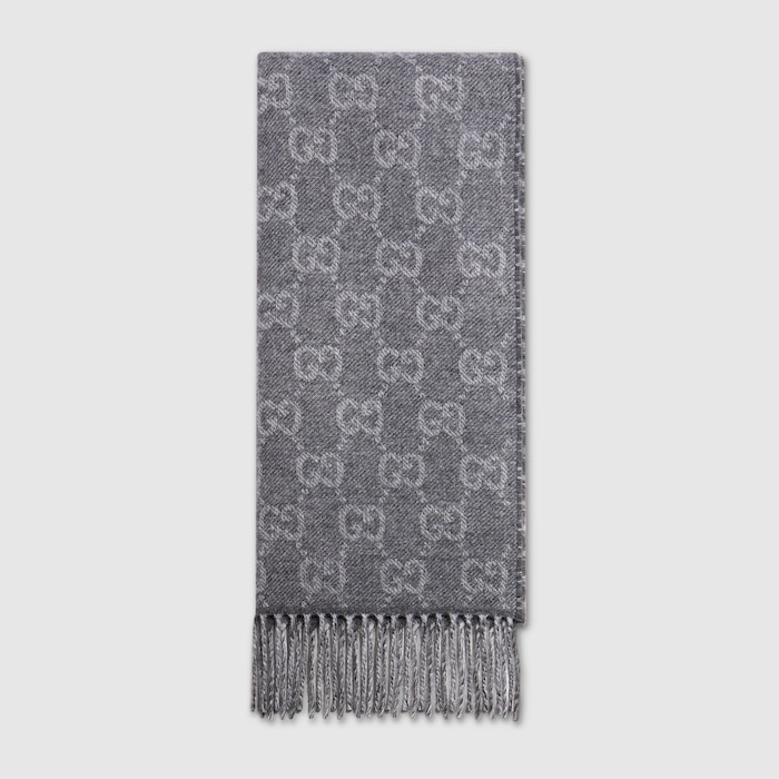 Reversible wool cashmere scarf in dark grey and ivory | GUCCI® US