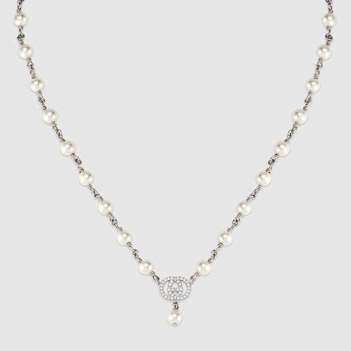 Pearl and crystal pendant necklace in palladium-toned hardware