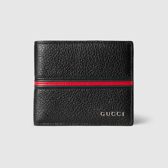 Bi-fold wallet with Web in black leather | GUCCI® US