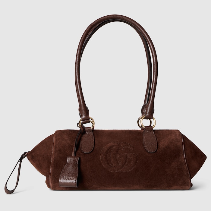 小型　GUCCI スエード ボストンバッグ ブラウン ダブルG ディテール付き ミディアム ボストンバッグ ・ダークブラウン