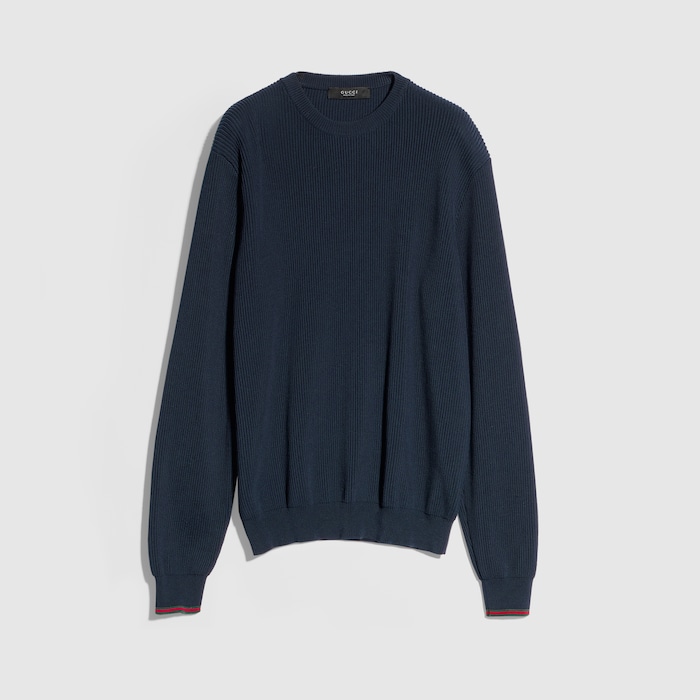 Rib cotton knit sweater in dark blue | GUCCI® SA
