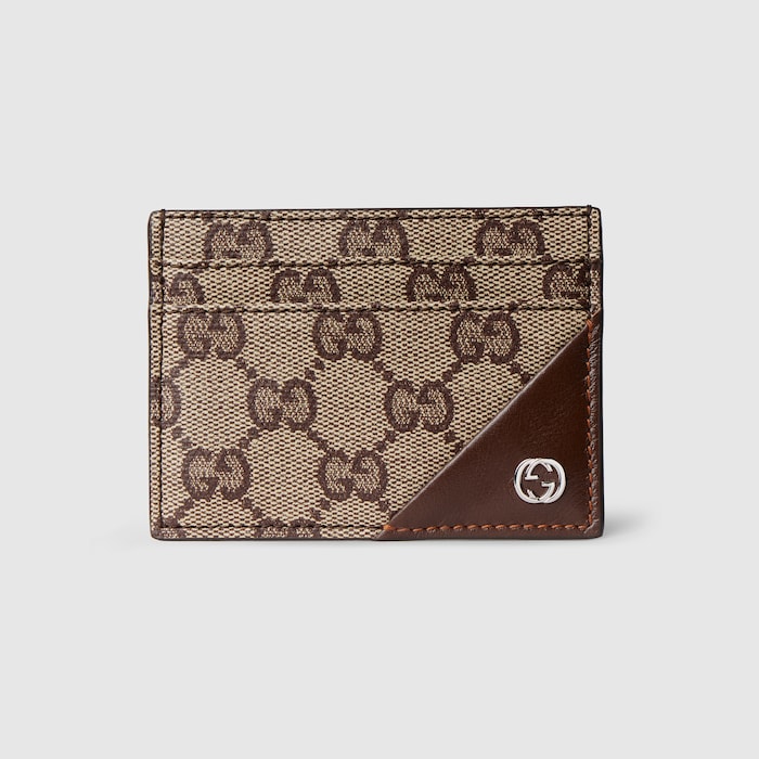 Card case wallet with Interlocking G in beige and brown GG canvas