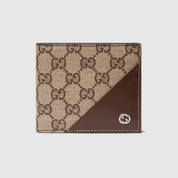 Bi-fold wallet with Interlocking G in beige and brown GG canvas