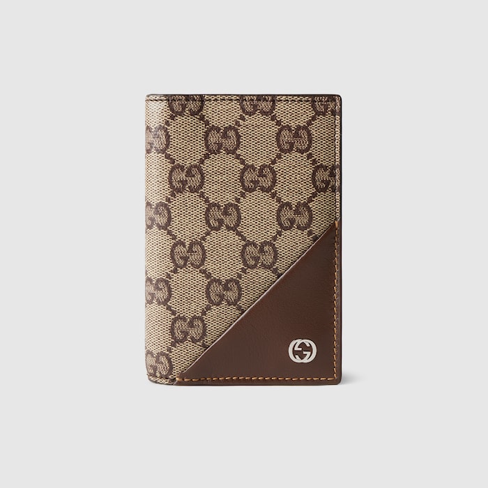 Card case wallet with Interlocking G in beige and brown GG canvas