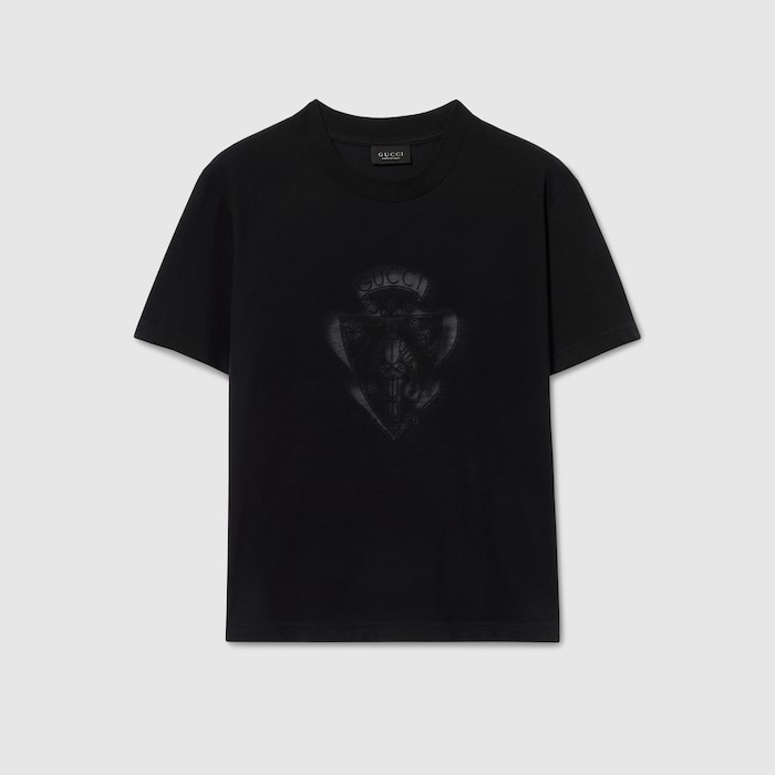 Cotton jersey T-shirt with Gucci crest in black | GUCCI® US