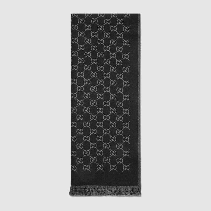 Reversible wool jacquard scarf in black and grey | GUCCI® US