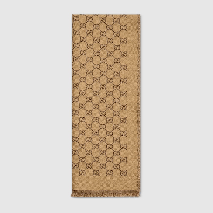 GG wool viscose lamé scarf in camel and brown | GUCCI® US