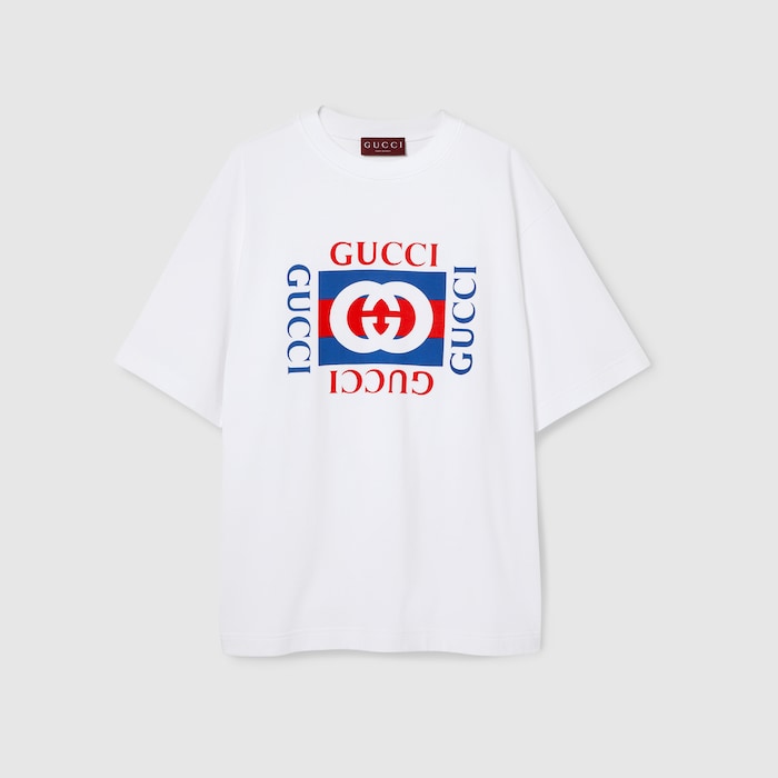 Printed cotton jersey T-shirt in white | GUCCI® US