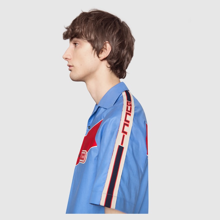 Bowling shirt with Gucci patch in Blue Oxford cotton with red maxi