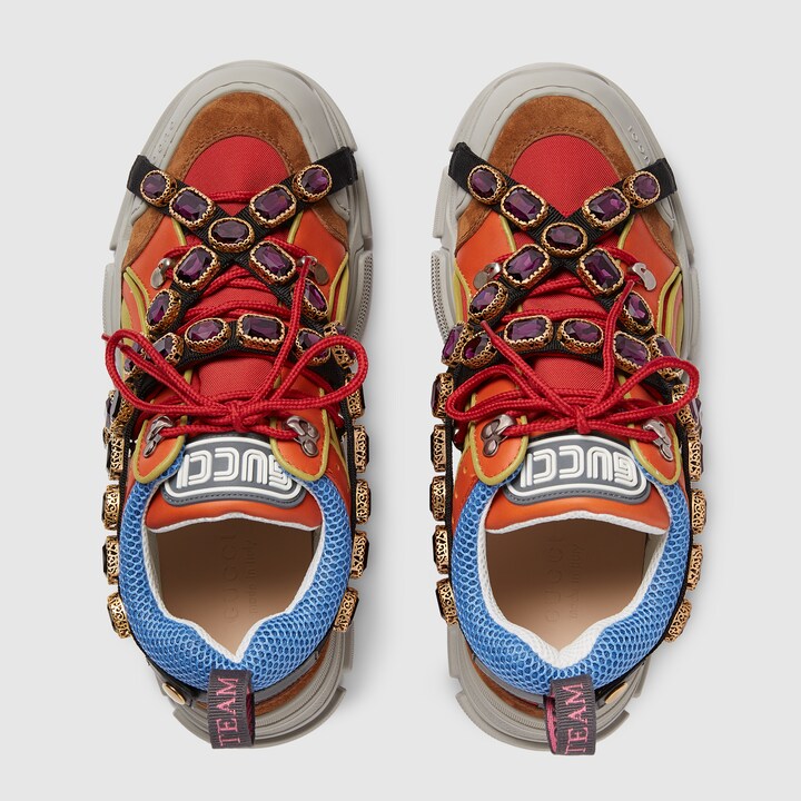 Gucci Men's Flashtrek Leather Sneaker With Crystals In Red