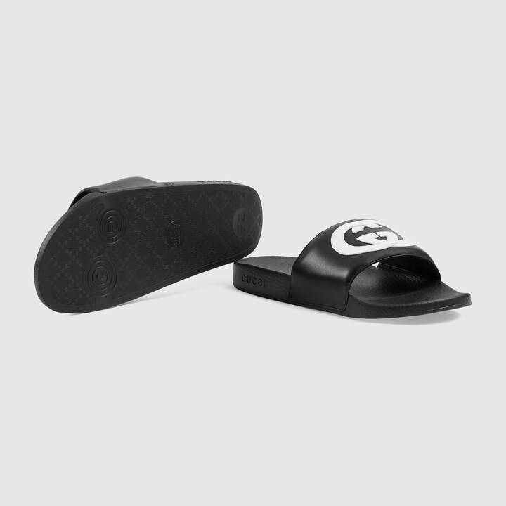 Men's Slide With Interlocking G In Black Leather | GUCCI® US