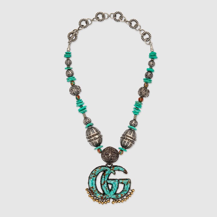 Beaded GG Marmont Brass Necklace In Turquoise & Palladium Finish