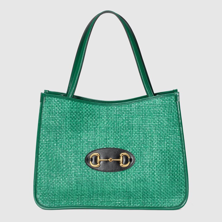 Gucci Horsebit 1955 tote bag in emerald green straw effect GUCCI® NO