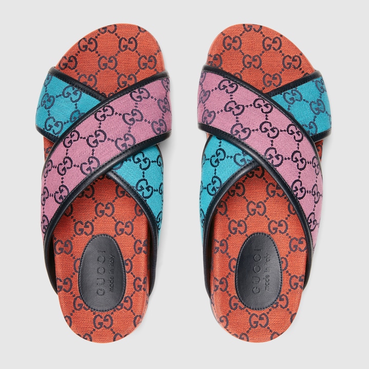 blue and orange gucci slides