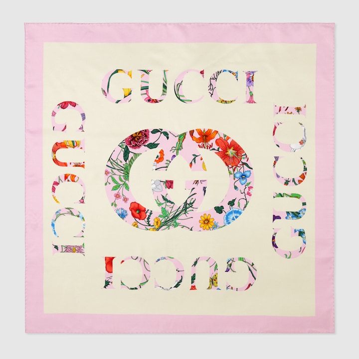 Flora Gucci vintage logo print silk scarf in pink and ivory GUCCI® 香港