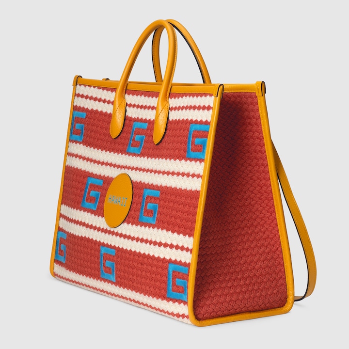 Hawaii striped tote bag in fabric with yellow leather GUCCI® SE