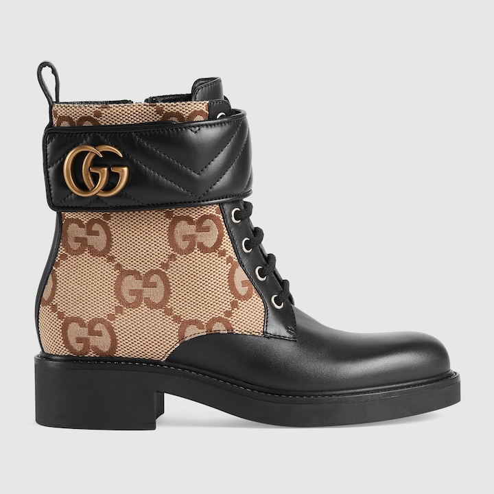 Women's ankle boot with Double G in leather and GG canvas GUCCI