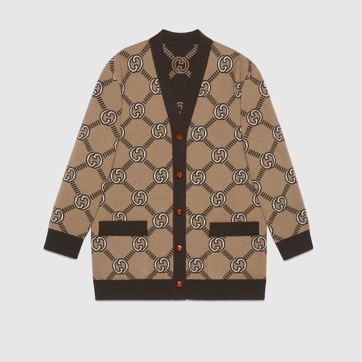 Gucci Interlocking G Wool Jacquard Cardigan In Light Brown And Ivory