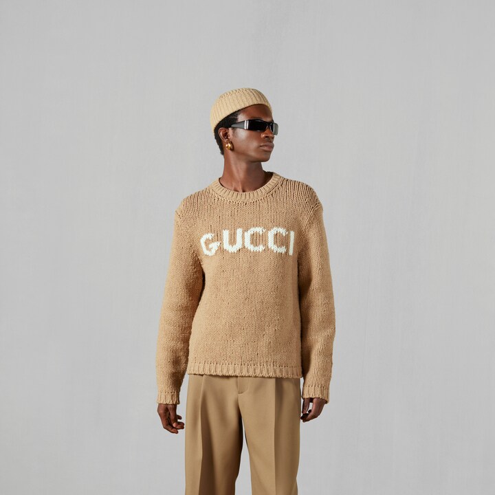 Knit wool sweater with Gucci intarsia in camel and ivory GUCCI® UK