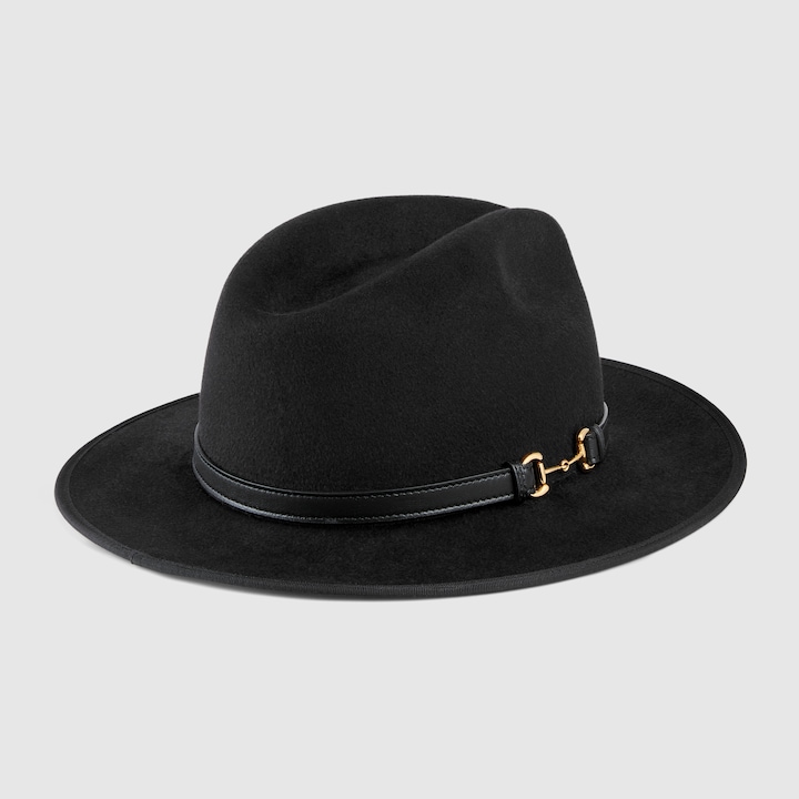 Wool hat with leather detail in black | GUCCI® US