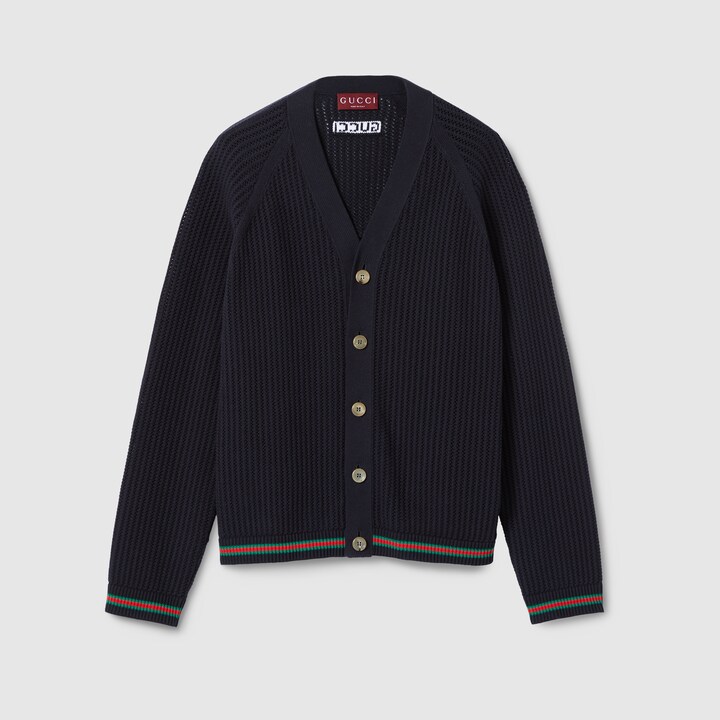 Gucci 25 Knitted Short-sleeved Cardigan Navy Blue Cotton