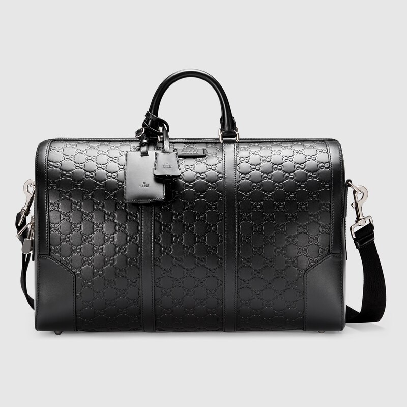 Gucci Signature Leather Duffle In Black With Gucci Signature Leather Duffle