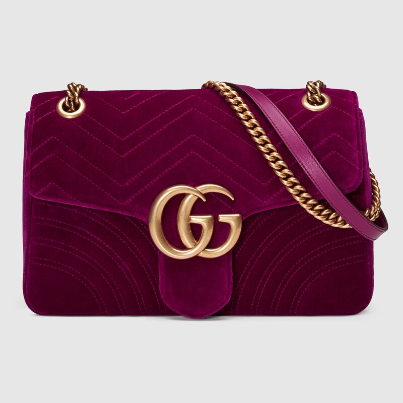 Gg Marmont Velvet Shoulder Bag In Fuchsia Chevron With Heart Gg Marmont Velvet Shoulder Bag