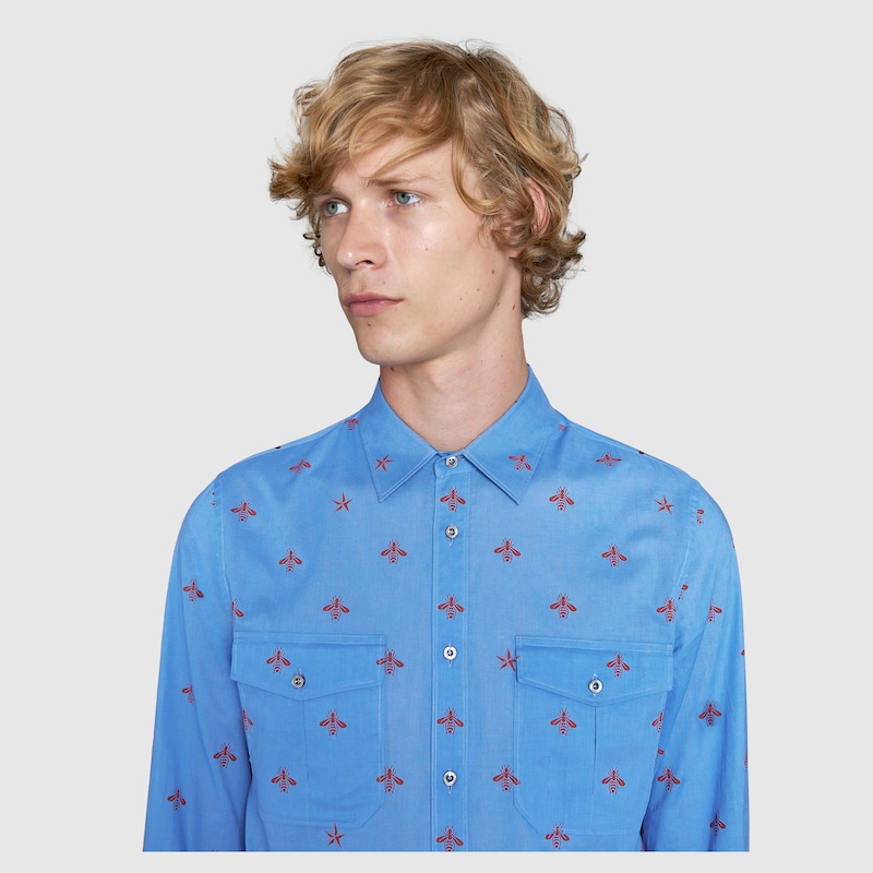 Camicia Duke in cotone con stampa api e stelle in cotone blu | GUCCI® Italia