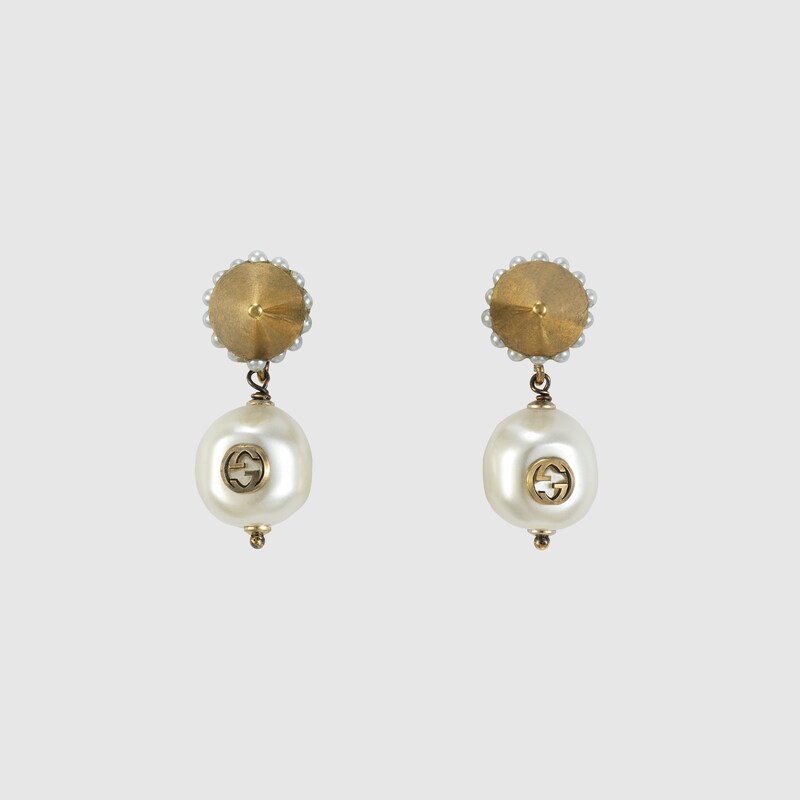 Interlocking G Pearl Pendant Earrings In Metal With Aged Gold Finish View 1 N