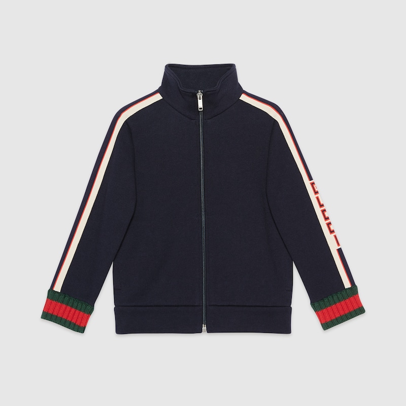 Felpa con finiture Gucci jacquard in jersey di cotone blu scuro | GUCCI®  Italia