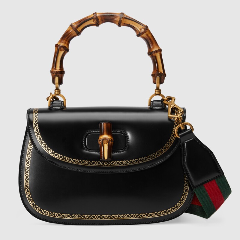 Bamboo Classic Frame Print Leather Top Handle Bag In Black Glossy Bamboo Classic Frame Print Leather Top Handle Bag
