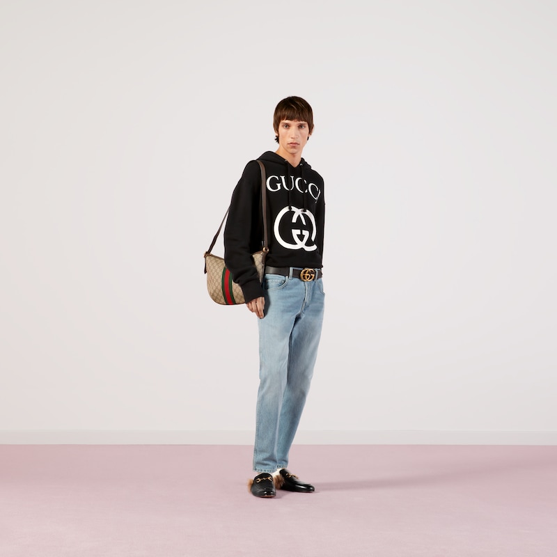 Sweat-shirt à capuche avec Double G en jersey de coton feutré noir | GUCCI®  FR
