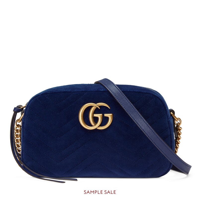 Gg Marmont Velvet Small Shoulder Bag In Cobalt Blue Chevron Leather View 1 N