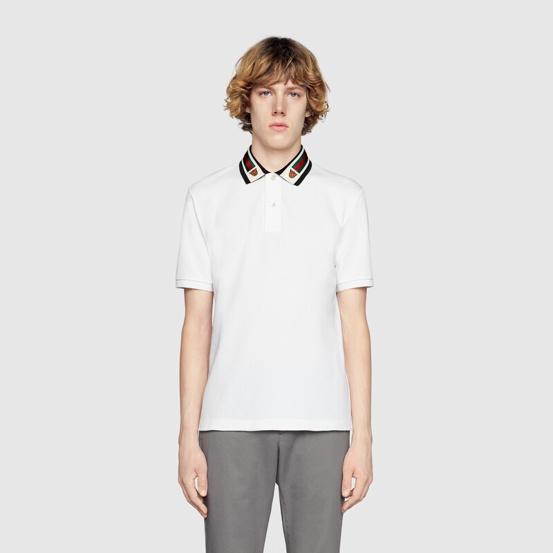 Polo con Web e testa di felino in cotone bianco | GUCCI® Italia