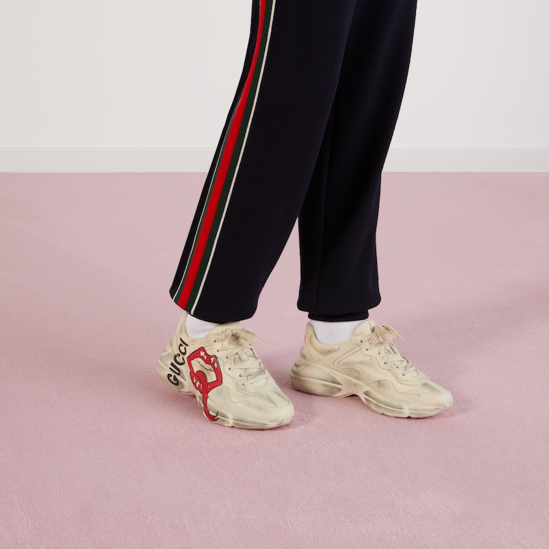 gucci white mouth print rhyton sneakers