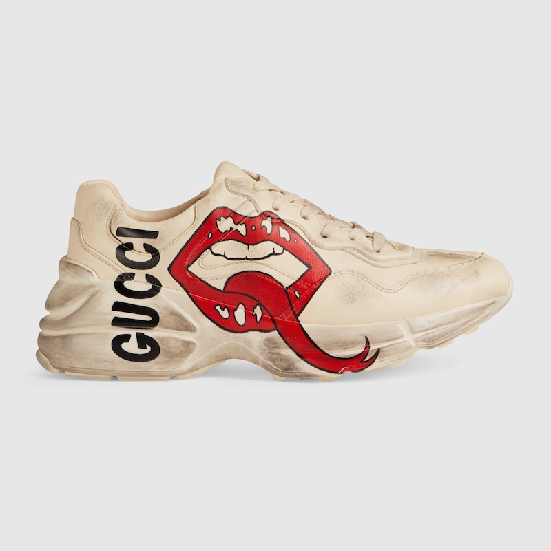 Ivory Leather Women's Rhyton Sneaker With Mouth Print | GUCCI® US