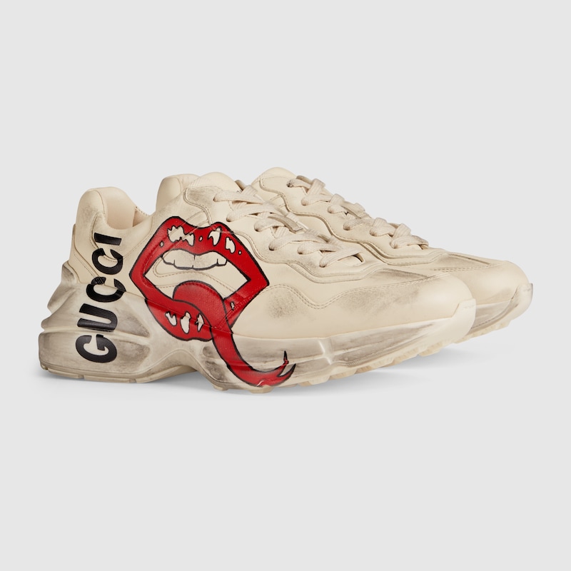 Sneaker Rhyton donna con stampa bocca in pelle avorio | GUCCI® Italia
