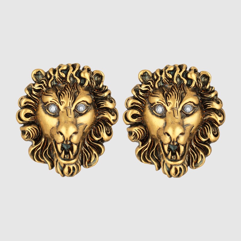 		Aged Gold Finish Lion Head Large Earrings With Pearls | GUCCI® Gucci Lion head earrings with pearls