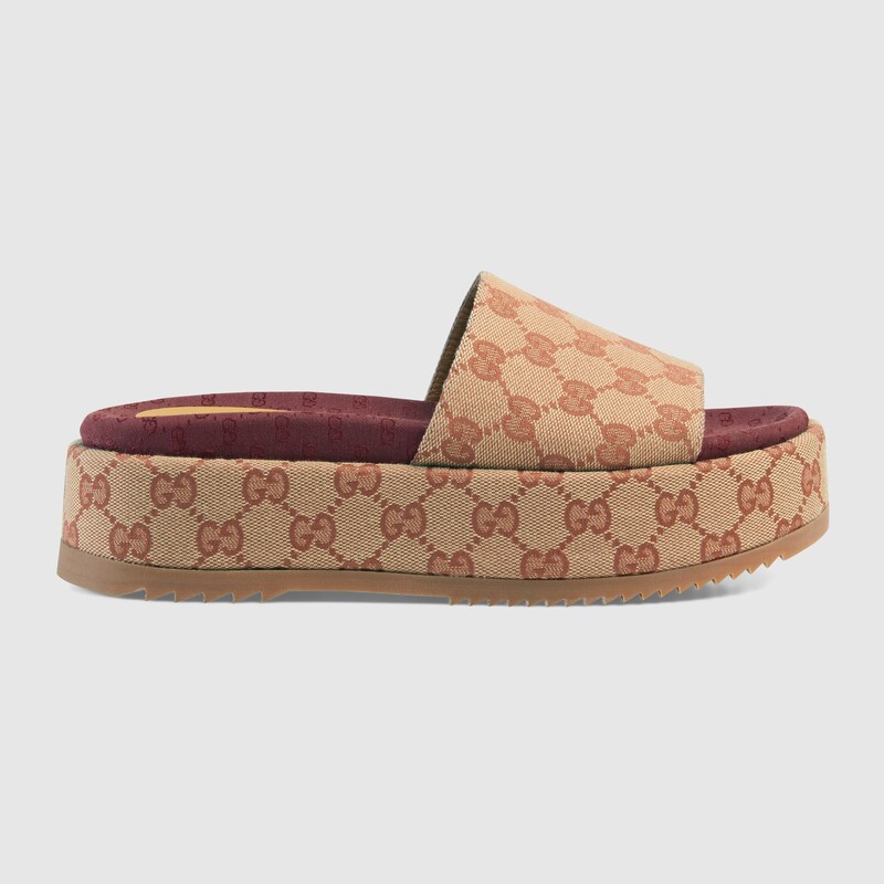 Sandalo slider donna in Original GG in tessuto GG beige e rosso mattone |  GUCCI® Italia